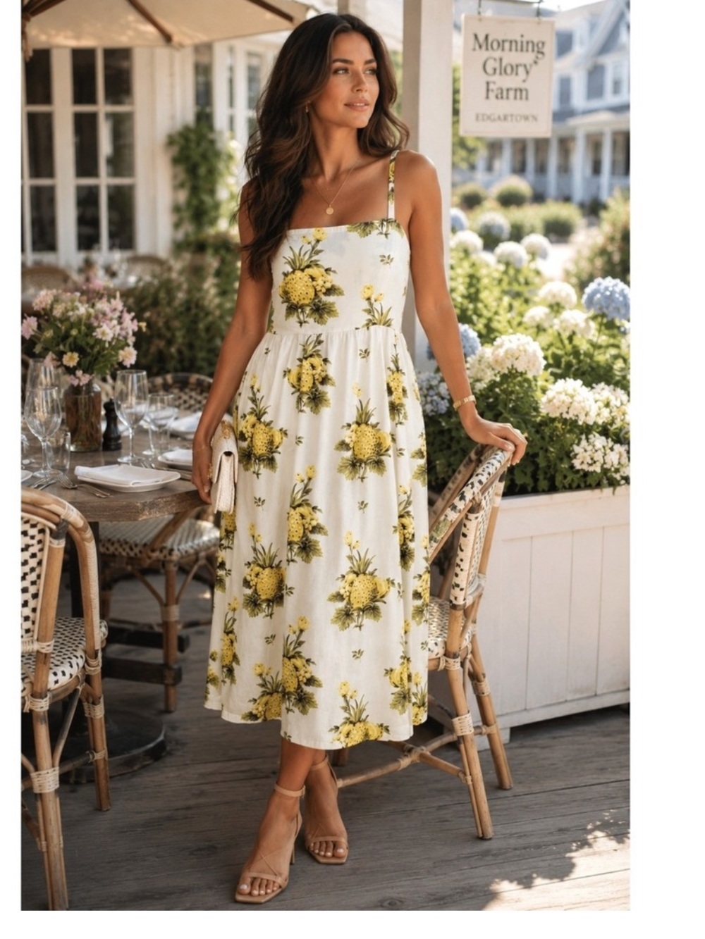 Tahari Strap/Strapless Cream Pineapple Print Midi Linen Dress Vintage Size 6